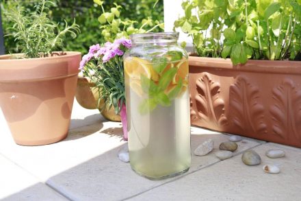 Wasser plus - eine kühle Erfrischung mit Orangen, Holundersirup und Basilikum.