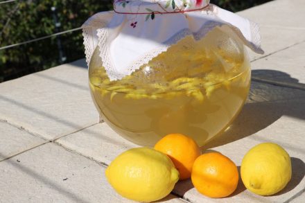 Der Zucker-Sirup wird mit den fein abgeschälten Zitronenschalen drei Tage angesetzt.