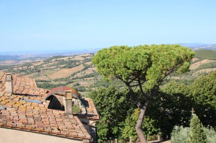 Blick über die Dächer von Manciano in die toskanische Hügellandschaft.