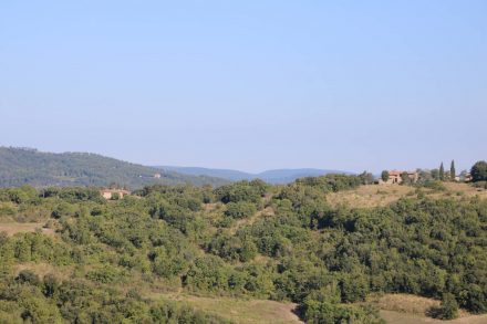 Blick von dem hübschen Bergdorf Pari in die toskanische Hügellandschaft.